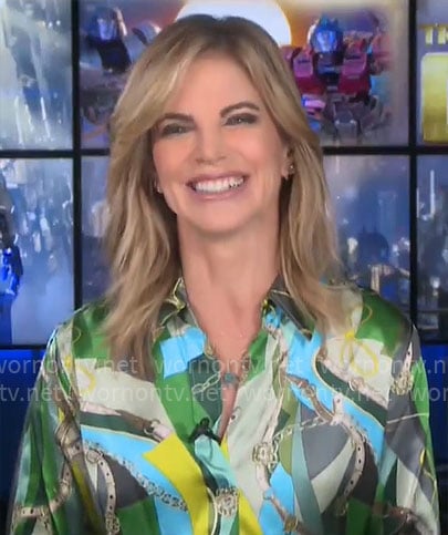 Natalie Morales' green belt print blouse on CBS Mornings