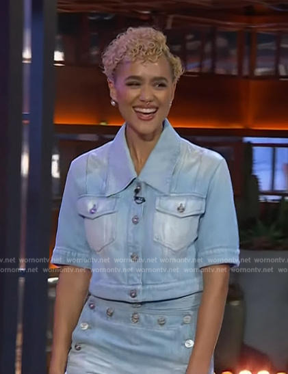 Nathalie Emmanuel's denim jacket and jeans on The Kelly Clarkson Show