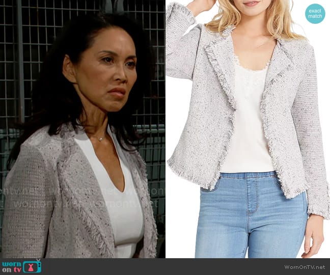 Nic + Zoe Fringe Mix Knit Jacket in Sugar Cookie worn by Li Finnegan (Naomi Matsuda) on The Bold and the Beautiful