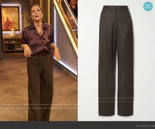 Nili Lotan Corette pinstriped wool-twill flared pants worn by Drew Barrymore on The Drew Barrymore Show