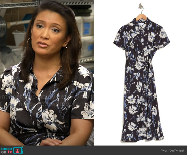 Nordstrom Rack Collared Half Button Wrap Front Shirtdress In Black in Ivory Swoon Floral worn by Elaine Quijano on CBS Mornings