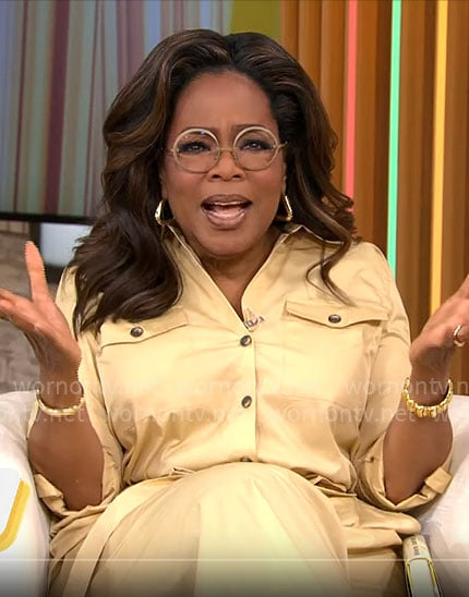 Oprah Winfrey’s beige button down shirt and pants set on CBS Mornings