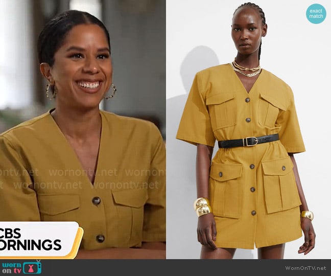 & Other Stories Short-Sleeve Utility Mini Dress in Mustard worn by Adriana Diaz on CBS Mornings