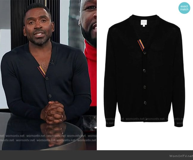 Paul Smith Artist Stripe merino wool cardigan worn by Justin Sylvester on E! News