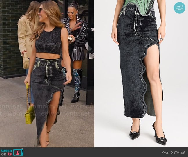 PH5 Lily Denim Print Wavy Midi Skirt worn by Chrishell Stause on Selling Sunset