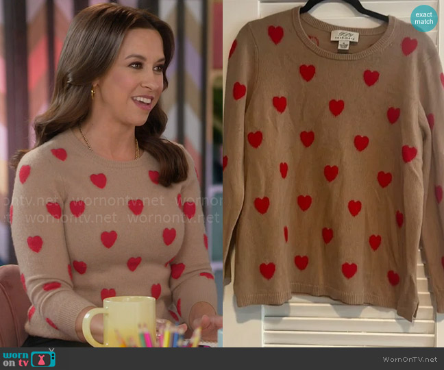 Ply Cashmere Heart Print Sweater worn by Lacey Chabert on Celebrations with Lacey Chabert