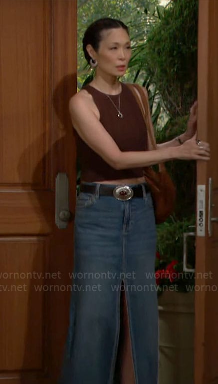 Poppy's brown tank top and denim skirt on The Bold and the Beautiful