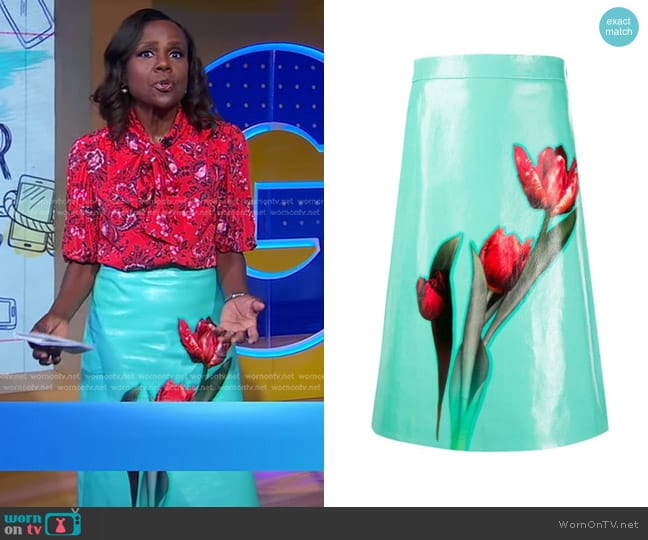 Prada Floral-print Leather Midi Skirt in Chlor worn by Deborah Roberts on Good Morning America