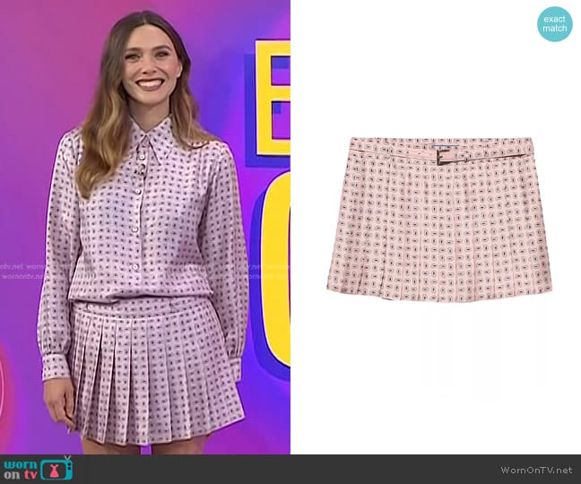 Prada Printed Silk Twill Miniskirt in Pink worn by Elizabeth Olsen on Today