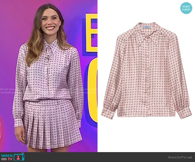 Prada Printed Silk Twill Shirt in Pink worn by Elizabeth Olsen on Today