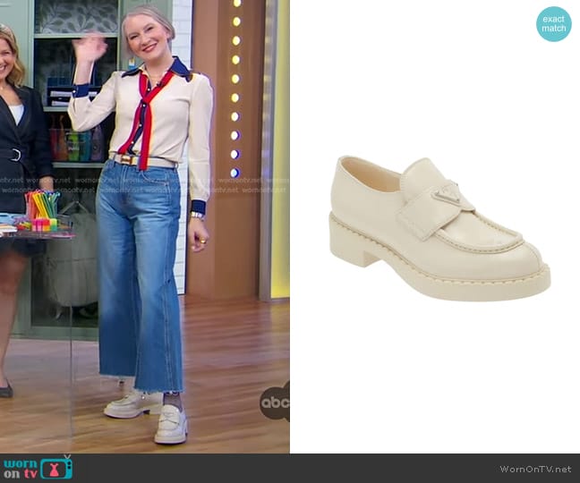 Prada Triangle Logo Patent Leather Loafer worn by Clea Shearer on Good Morning America