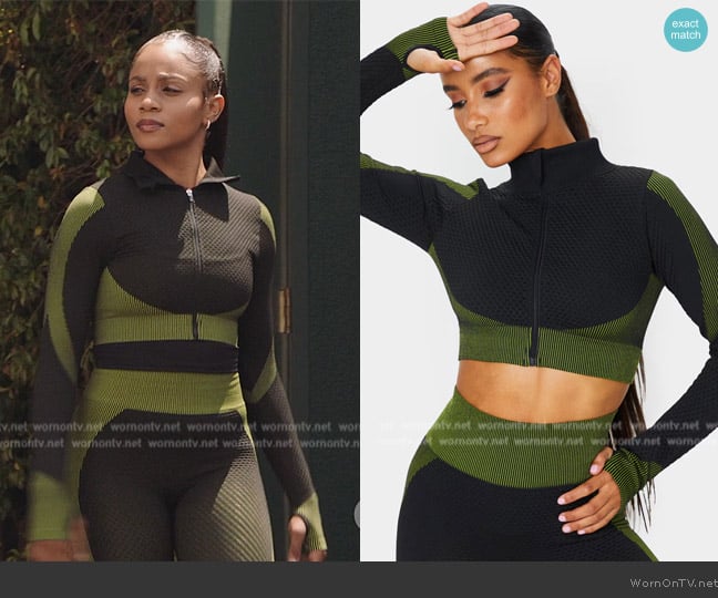 Pretty Little Thing Black Multi Textured Cropped Zip Up Sports Top worn by Simone (Geffri Hightower) on All American Homecoming