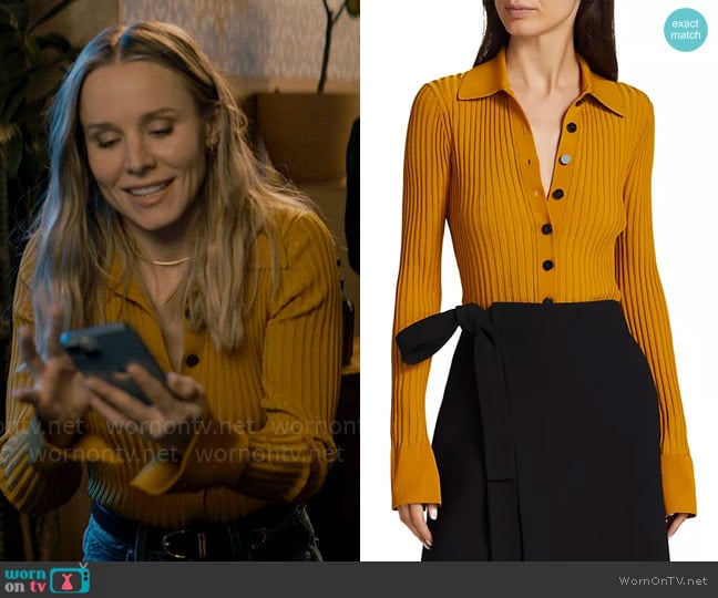 Proenza Schouler Rib-Knit Polo Cardigan in Gold worn by Joanne (Kristen Bell) on Nobody Wants This