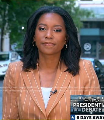 Rachel's beige stripe blazer on Good Morning America