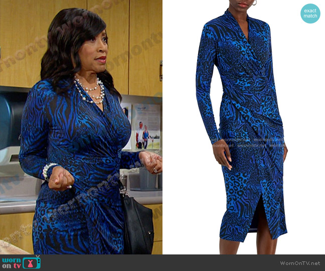 Rachel Rachel Roy Bret Jersey Faux-Wrap Midi Dress in Cobalt Animal worn by Paulina Price (Jackée Harry) on Days of our Lives