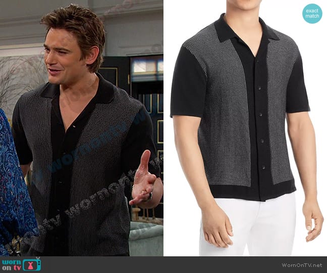 Rag & Bone Harvey Knit Camp Shirt in Black White worn by Johnny DiMera (Carson Boatman) on Days of our Lives