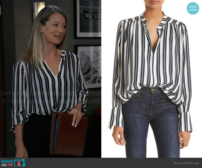 Rag and Bone Carly Stripe Split Neck Blouse In Blustripe worn by Nina Reeves (Cynthia Watros) on General Hospital