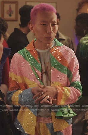 Etienne's rainbow sequin jacket and pants on Emily in Paris