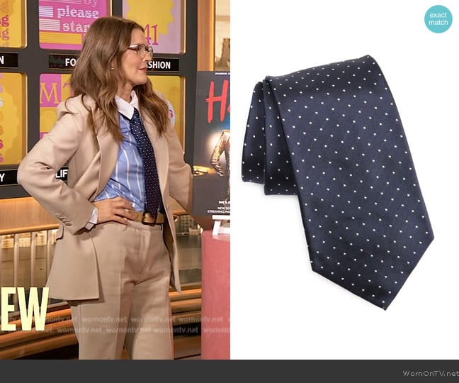 Pin Dot Silk Peau de Soie Tie by Ralph Lauren worn by Drew Barrymore on The Drew Barrymore Show