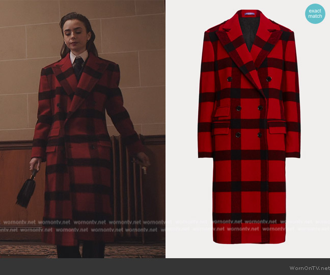 Ralph Lauren Sallie Plaid Wool Twill Coat worn by Emily Cooper (Lily Collins) on Emily in Paris