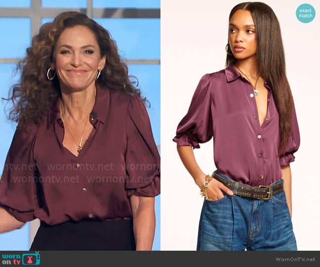 Ramy Brook Dina Button Down Bodysuit in Pinot Noir worn by Amy Brenneman on The Talk