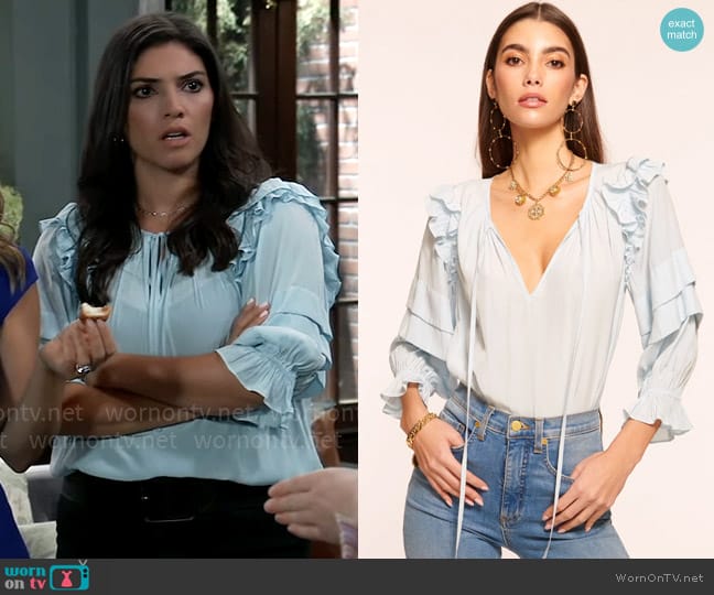 Ramy Brook Samira Ruffle Top in Crystal Blue worn by Brook Lynn Quartermaine (Amanda Setton) on General Hospital