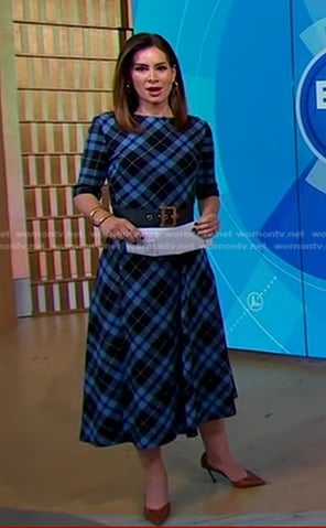 Rebecca Jarvis’s blue plaid midi dress on Good Morning America