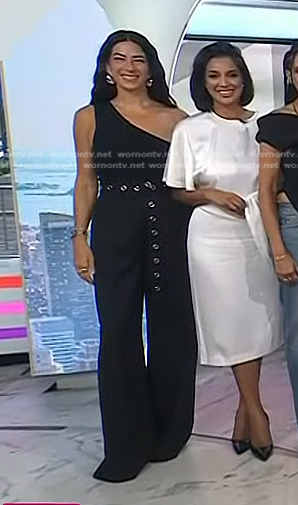 Rebecca Minkoff's black one-shoulder top and belted pants on Today