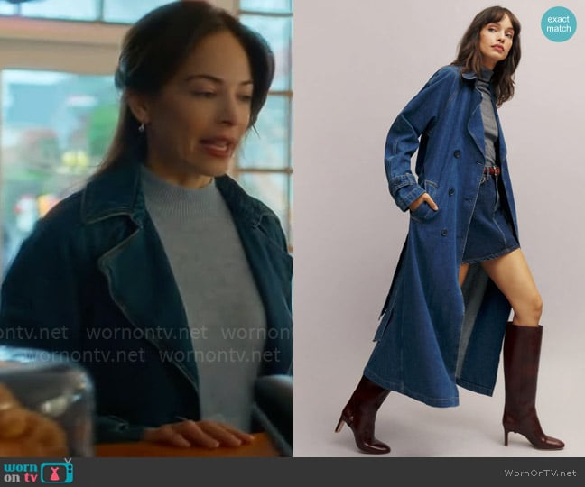 Cassandra’s denim trench coat on Murder in a Small Town