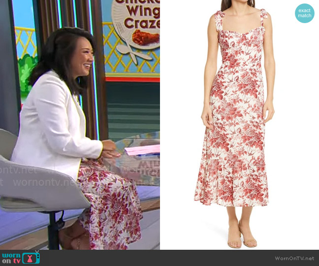 Reformation Nikita Midi Dress In Toile De Jouy worn by Nancy Chen on CBS Mornings