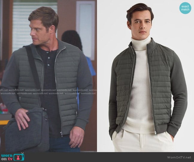 Reiss Freddie Hybrid Quilt and Knit Zip-Through Jacket in Sage worn by Atticus Lincoln (Chris Carmack) on Greys Anatomy