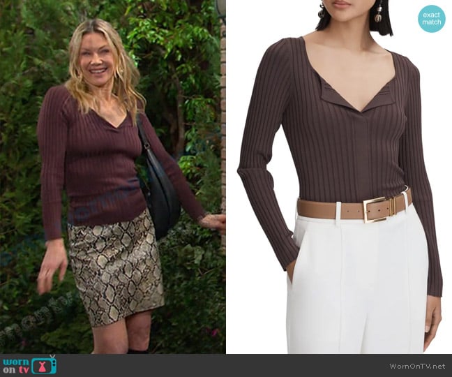 Reiss Monica Rib Split Neck Top in Burgundy worn by Kristen DiMera (Stacy Haiduk) on Days of our Lives