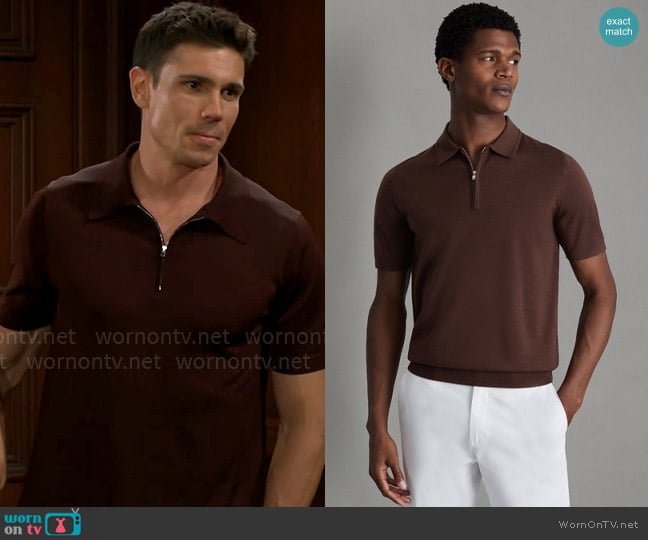 Reiss Maxwell Polo in Treacle Brown worn by Dr. John Finnegan (Tanner Novlan) on The Bold and the Beautiful