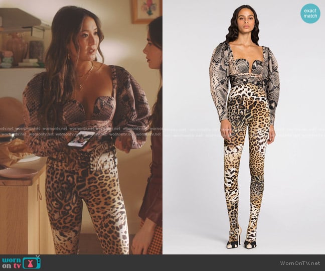 Roberto Cavalli Leopard-Print Jumpsuit worn by Mindy Chen (Ashley Park) on Emily in Paris