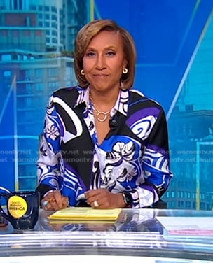 Robin's blue printed blouse on Good Morning America