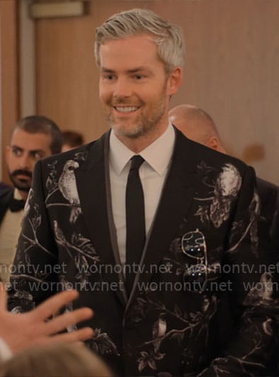 Ryan's black bird print suit jacket on Owning Manhattan