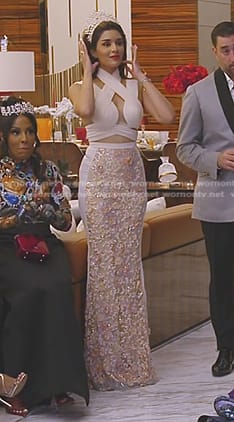 Saba's strappy halter top and embellished skirt on The Real Housewives of Dubai