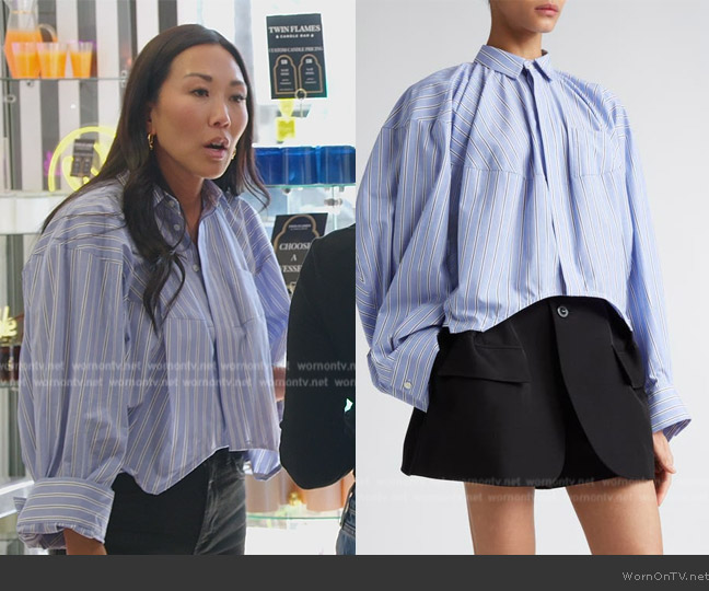 Sacai Striped cotton shirt worn by Katie Ginella on The Real Housewives of Orange County