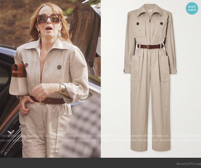 Saint Laurent Belted cotton-twill jumpsuit worn by Sylvie (Philippine Leroy-Beaulieu) on Emily in Paris