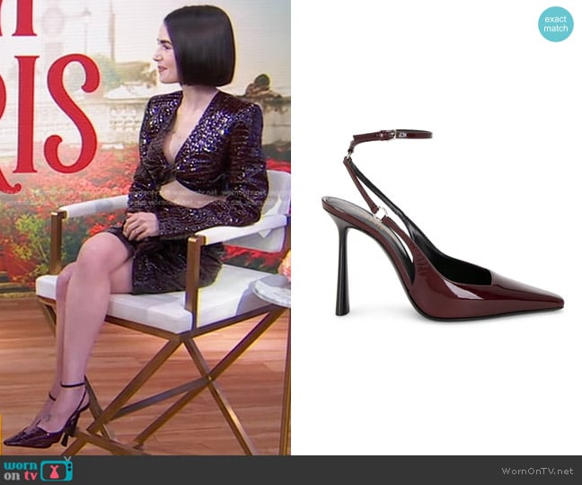 Deep Bordeaux by Saint Laurent Calista Slingback Pump worn by Lily Collins on Good Morning America