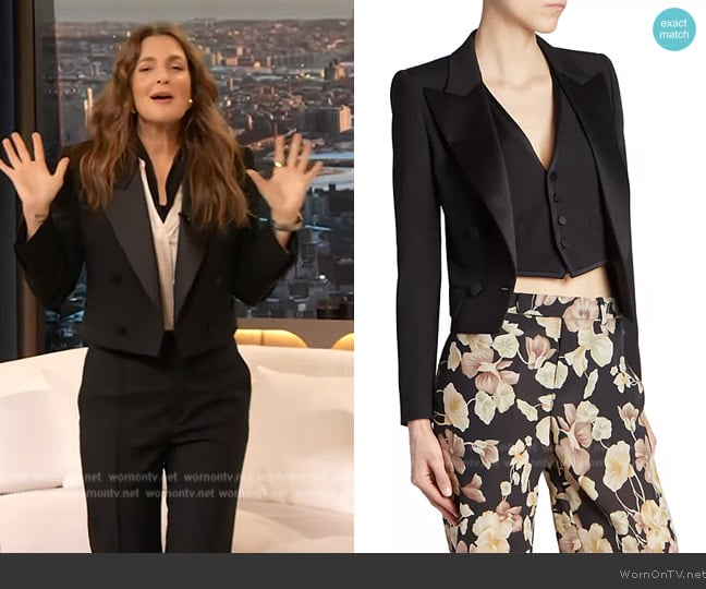 Saint Laurent Cropped wool tuxedo jacket worn by Drew Barrymore on The Drew Barrymore Show