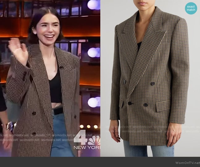 Saint Laurent Double-breasted checked wool-blend blazer worn by Lily Collins on The Kelly Clarkson Show