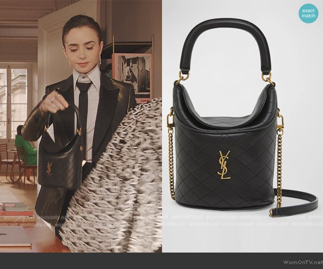 Saint Laurent Gaby Mini Leather Bucket Bag worn by Emily Cooper (Lily Collins) on Emily in Paris