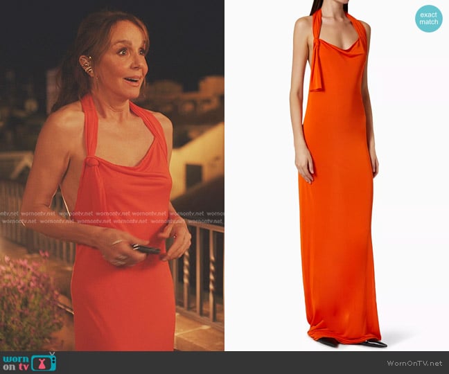 Sylvie’s orange halterneck dress on Emily in Paris