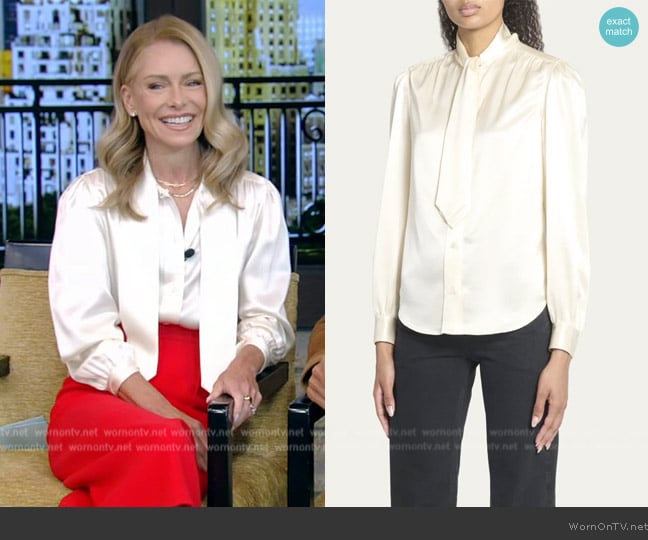 Saint Laurent Scarf-Neck Button Down Silk Blouse worn by Kelly Ripa on Live with Kelly and Mark