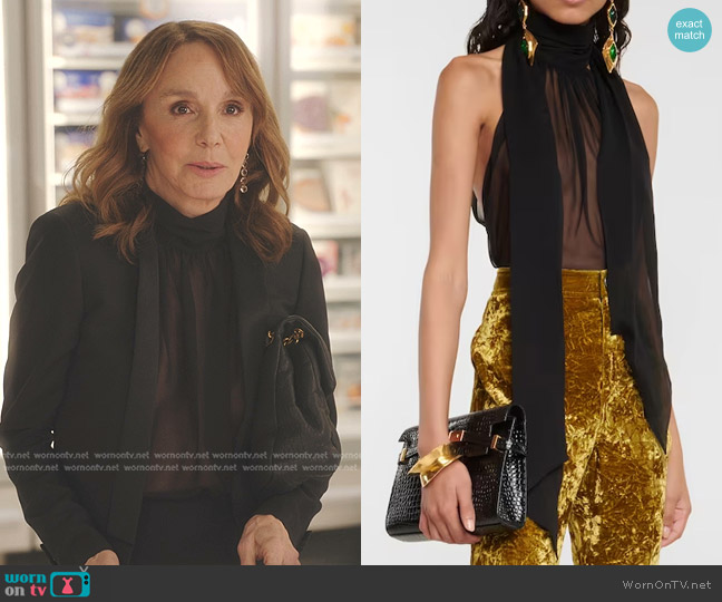 Saint Laurent Sleeveless Silk Blouse worn by Sylvie (Philippine Leroy-Beaulieu) on Emily in Paris