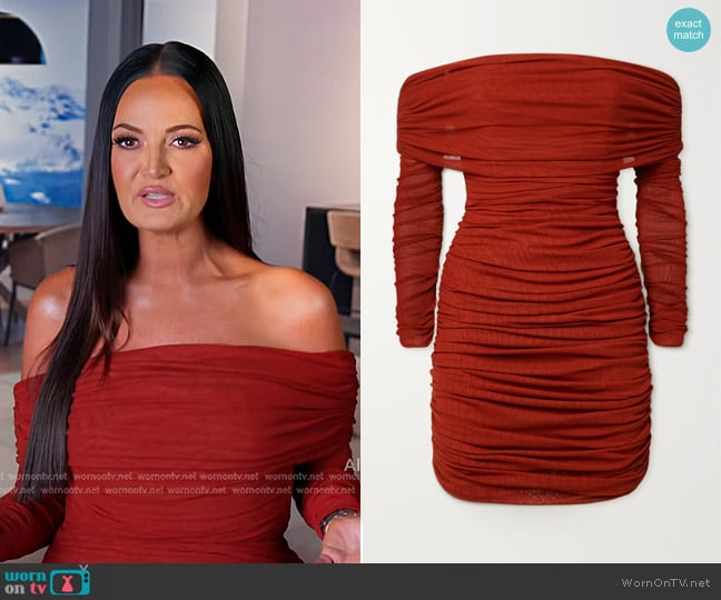 Saint Laurent Strapless Ruched Stretch-tulle Mini Dress in Red worn by Lisa Barlow on The Real Housewives of Salt Lake City