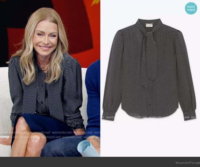 Saint Laurent Lavalliere Neck Blouse in Dotted Silk Satin worn by Kelly Ripa on Live with Kelly and Mark