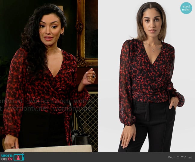 Saint + Sofia Brook Wrap Blouse in Red Winter Floral worn by Audra Charles (Zuleyka Silver) on The Young and the Restless