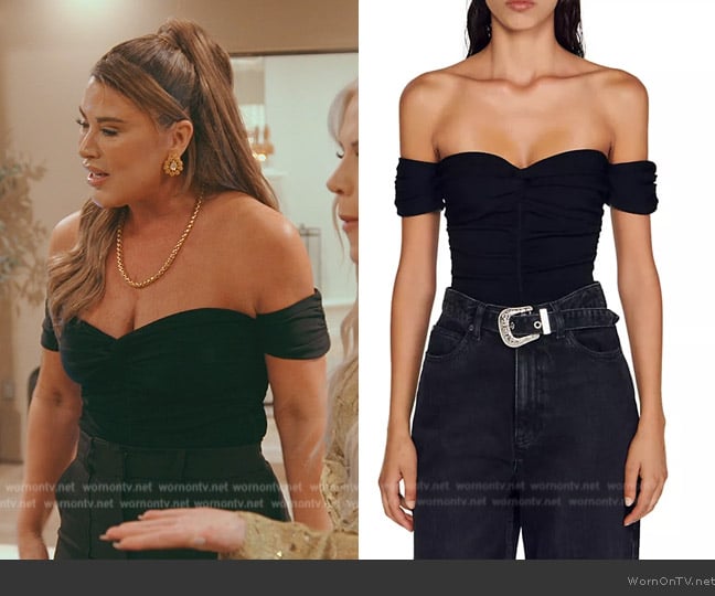 Sandro Open-Shoulder Bodysuit worn by Emily Simpson on The Real Housewives of Orange County